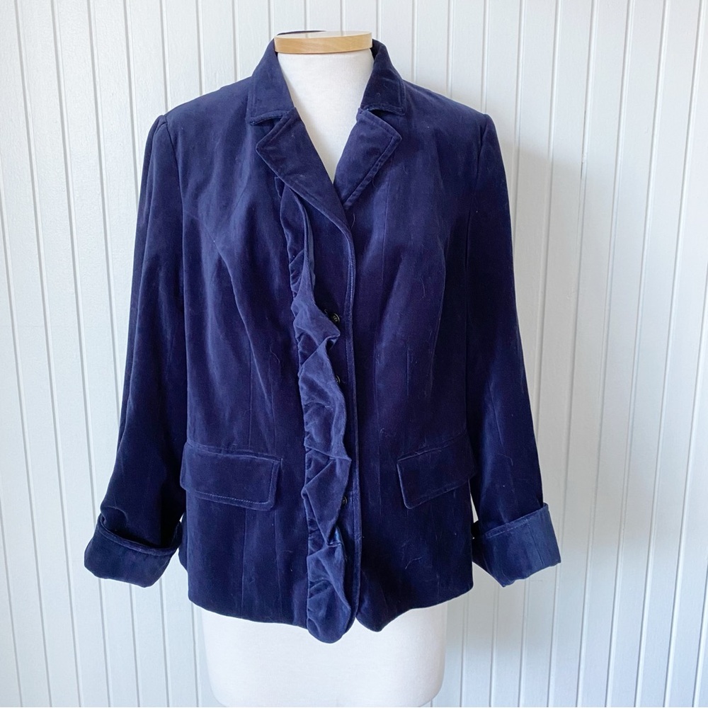 Vintage Navy Blue Velvet Women's Jacket Blazer Coat Button Ruffles Victorian